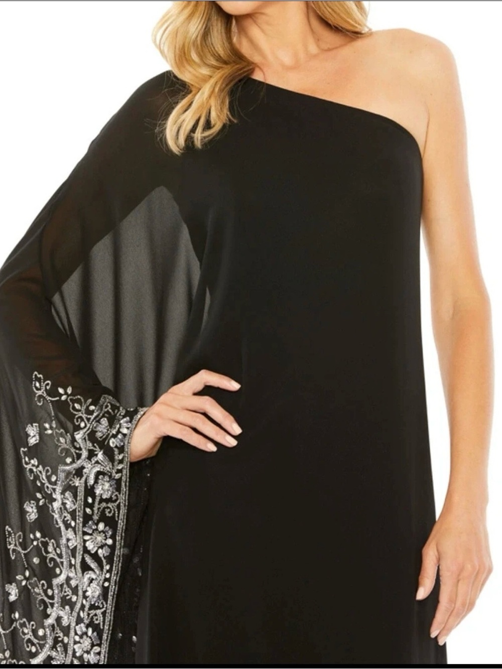 Mac Duggal Black One-Shoulder Evening Gown with Silver Embellishment - Picture 2 of 4